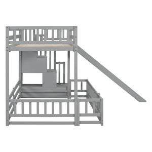 English Elm Twin Over Full Bunk Bed Solid Pine Frame with Built-in Slide and Storage Staircase Grey W504S00289