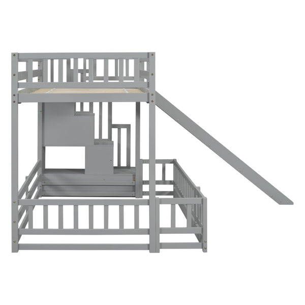 English Elm Twin Over Full Bunk Bed Solid Pine Frame with Built-in Slide and Storage Staircase Grey W504S00289