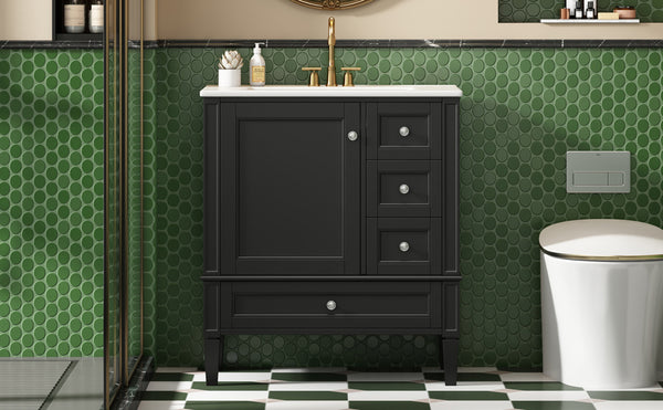English Elm 30 30 Inch Bathroom Vanity with Ceramic Sink, Modern Compact 3-Drawer Storage Cabinet for Small Baths Black N710P247499B