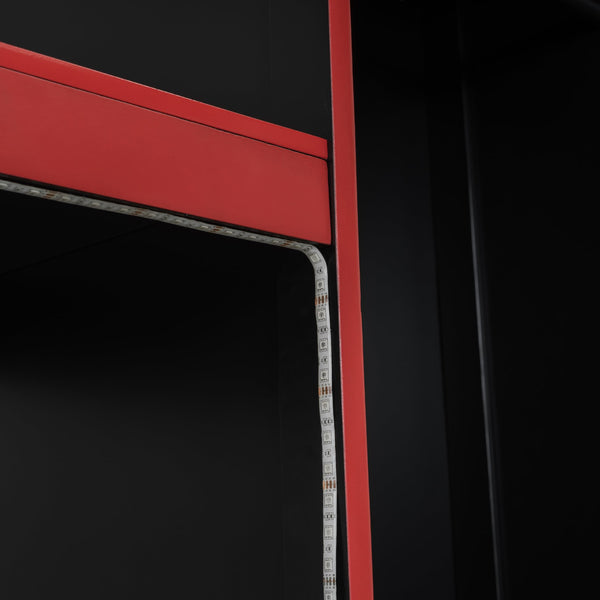 English Elm Wood Twin Gaming Loft Bed with Desk, Wardrobe, LED Lighting & Drawer — Space-Saving Black Red Accent, 400lb Capacity N7090004010B