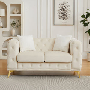 English Elm Fx Velvet Chesterfield Sofa Button Tufted Diamond Quilted Design with Accent Pillows Beige W1926S00077
