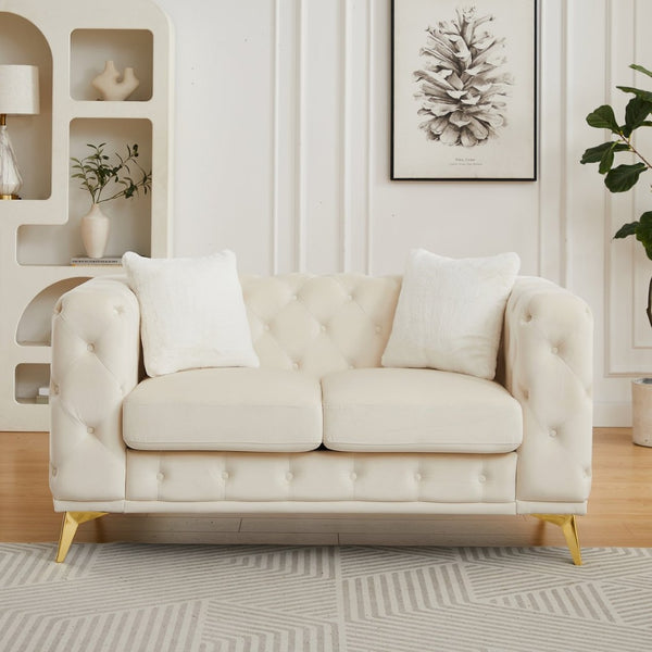 English Elm Fx Velvet Chesterfield Sofa Button Tufted Diamond Quilted Design with Accent Pillows Beige W1926S00077
