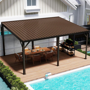 English Elm 10'x16' Wall Mounted Hardtop Gazebo Galvanized Steel Roof Patio Lean to Canopy Brown W1859S00224