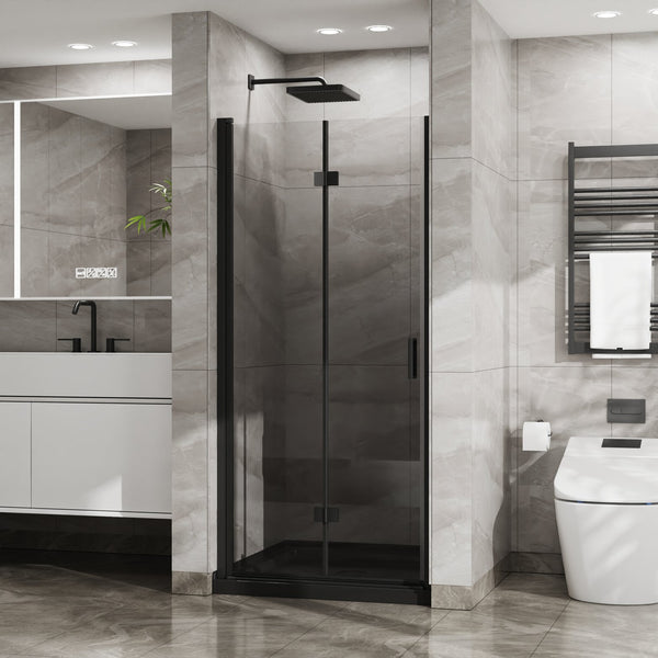 English Elm Goodyo 34"X 72" Bifold Frameless Shower Door – Space-Saving Tempered Glass Pivot Panel In Black Finish D163102095