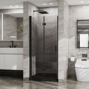 English Elm Goodyo Bifold Frameless Tempered Glass Shower Door Pivot Swing Panel Adjustable Width Black D163147914