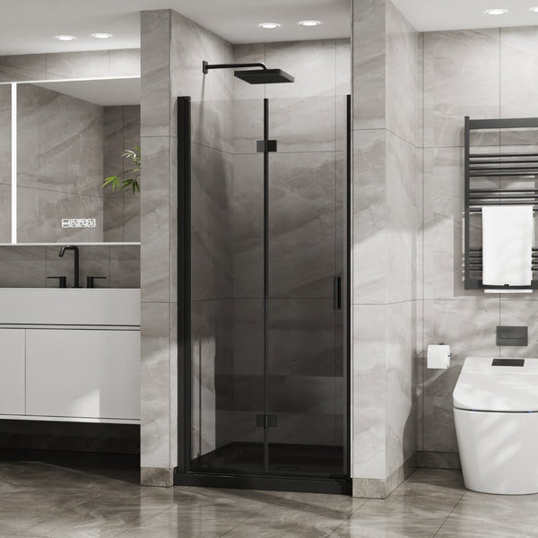 English Elm Goodyo Bifold Frameless Tempered Glass Shower Door Pivot Swing Panel Adjustable Width Black D163147914