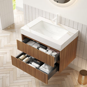 English Elm Tilley 30" Wall-Mounted Bathroom Vanity With Calacatta Gold Top, Soft-Close Drawers, Brown Oak Finish W2615S00314-GIGA