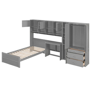 English Elm Wooden Twin Loft Bed with Built-in Desk Wardrobe Storage Drawers and Led Lighting N820S00069E