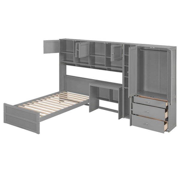 English Elm Wooden Twin Loft Bed with Built-in Desk Wardrobe Storage Drawers and Led Lighting N820S00069E