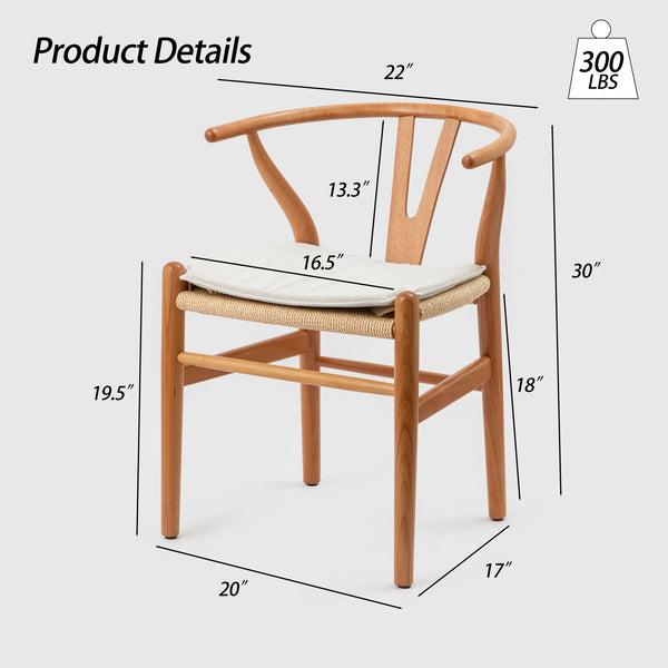 English Elm Wishbone Ergonomic Dining Chair in Beech Wood with Curved Armrest, Weave Seat & Removable Cushion Natural Wood W2812P194505