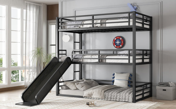 English Elm Twin Xl Metal Triple Bunk Bed With Slide, Heavy-Duty Design, Safety Guardrails, Space-Saving Solution W1580S00170-GIGA