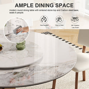 English Elm 59-Inch Modern Sintered Stone Dining Table Set With 35-Inch Turntable, Seats 6-8, Walnut Base Style W509S00131