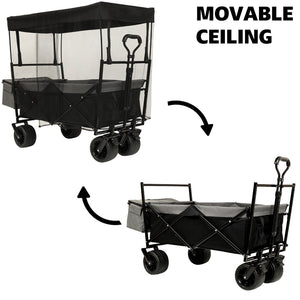 English Elm 480lbs Foldable All-terrain Wagon with Canopy Mosquito Net for Camping Outdoor Black W2932P253225
