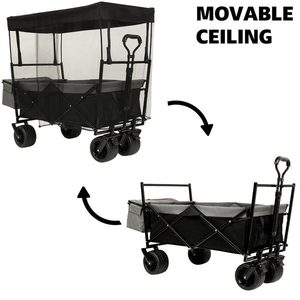 English Elm 480lbs Foldable All-terrain Wagon with Canopy Mosquito Net for Camping Outdoor Black W2932P253225