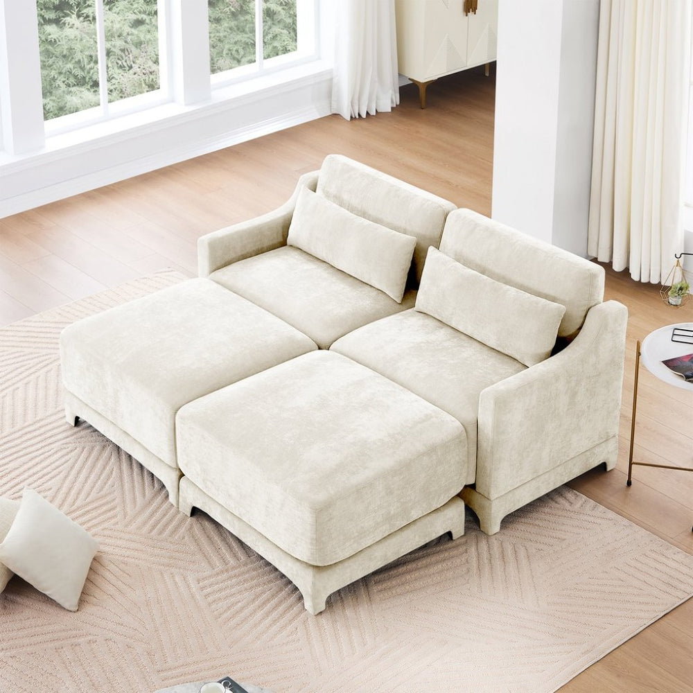 English Elm Two-Seater Sofa In Chic Beige Chenille With Ottomans & Lumbar Pillows For Ultimate Comfort & Style W714S01195-GIGA