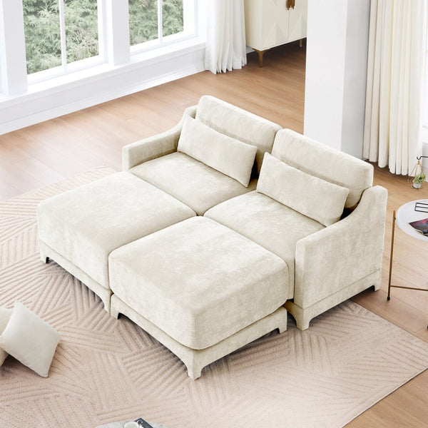 English Elm Two-Seater Sofa In Chic Beige Chenille With Ottomans & Lumbar Pillows For Ultimate Comfort & Style W714S01195-GIGA