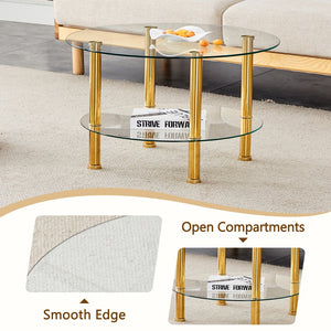 English Elm Contemporary Double Layer Tempered Glass Coffee Table 27.5" Top 23.6" Bottom Gold Legs, Modern Luxurious Design W1512P355039
