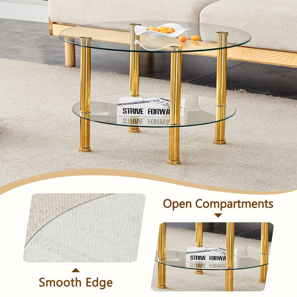 English Elm Contemporary Double Layer Tempered Glass Coffee Table 27.5" Top 23.6" Bottom Gold Legs, Modern Luxurious Design W1512P355039