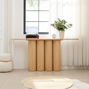 English Elm 66.93'' Slim Matte Console Table with Sculptural Cylinder Legs for Entryway or Foyer Natural W876S00338
