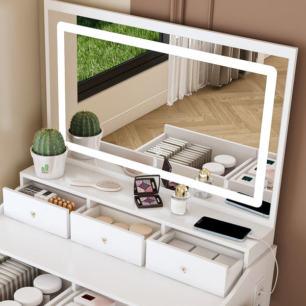 English Elm New Large Mirror Vanity Desk with 5 Drawers, Built-In Outlet & Hairdryer Holder, 3-Mode LED Lighting White W509P339034