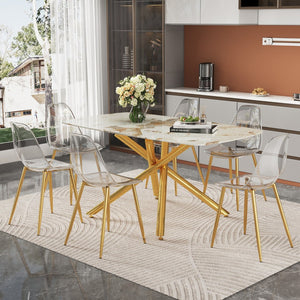 English Elm Table and Chairs Set Glam Marble Glass Top Gold Metal Base Seats Six Dining Room W1151S04616