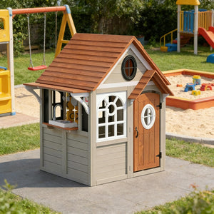 English Elm Comfortable Solid Fir Wood Outdoor Playhouse with Stove Blackboard and Doorbell T3971P491789