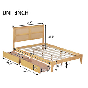 English Elm Full Full Size Bed with Rattan Headboard and Two Underbed Storage Drawers, Rubberwood Slat Support White Oak W504P269606