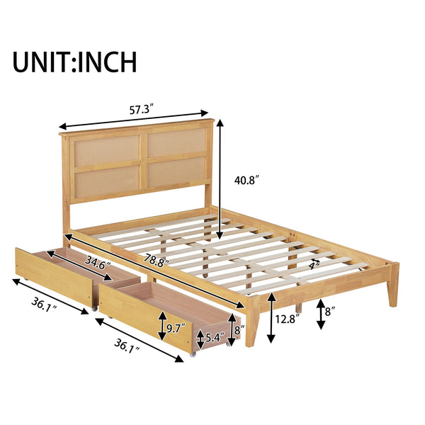 English Elm Full Full Size Bed with Rattan Headboard and Two Underbed Storage Drawers, Rubberwood Slat Support White Oak W504P269606