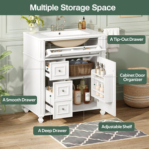 English Elm Bathroom Vanity with Sink French-Inspired 30" Ceramic Basin Vanity Cabinet with Soft-Close Doors & Drawer Organizer White N710P286723K