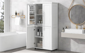 English Elm Tall White Bathroom Storage Cabinet - 4-Door Freestanding MDF Unit, Adjustable Shelves, Slim 61.8" x 18.3" x 7.5" WF323345AAK