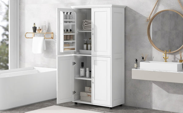 English Elm Tall White Bathroom Storage Cabinet - 4-Door Freestanding MDF Unit, Adjustable Shelves, Slim 61.8" x 18.3" x 7.5" WF323345AAK