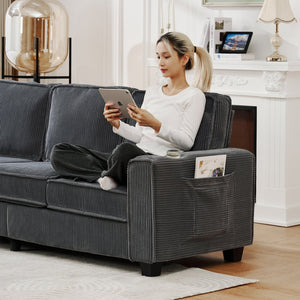 English Elm 84.25-inch Corduroy Three Seater Sofa with Cup Holders Modern Minimalist Living Room Couch Gray W288P399979