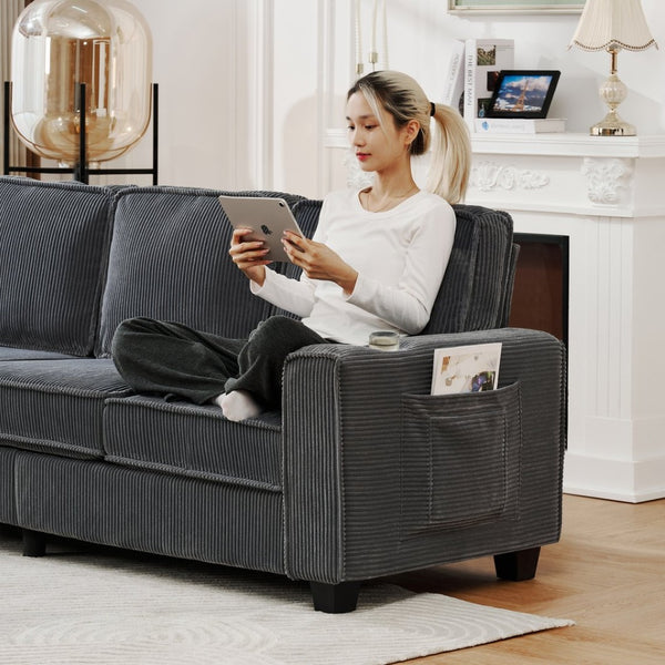 English Elm 84.25-inch Corduroy Three Seater Sofa with Cup Holders Modern Minimalist Living Room Couch Gray W288P399979