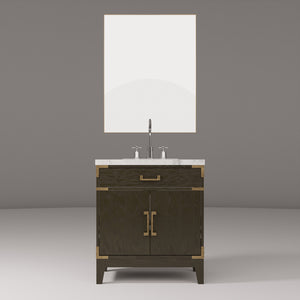 English Elm Brown Oak Single Sink Vanity Set With Carrara Marble Top, Chrome Faucet & 28" Mirror For Elegance B2731S02002