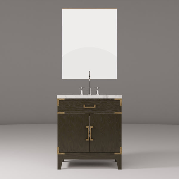 English Elm Brown Oak Single Sink Vanity Set With Carrara Marble Top, Chrome Faucet & 28" Mirror For Elegance B2731S02002