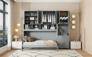 English Elm Twin Murphy Wall Bed with Integrated Closet Drawers and Desk for Studio Spaces Gray LP000595AAE-1