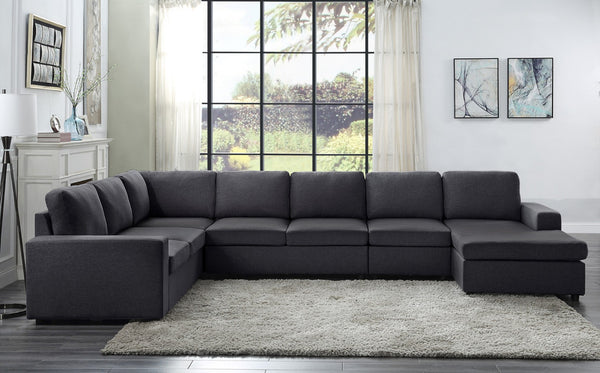 English Elm Hayden Seven Seat Modular Sectional Sofa with Reversible Chaise in Linen Fabric Dark Gray B061S00239