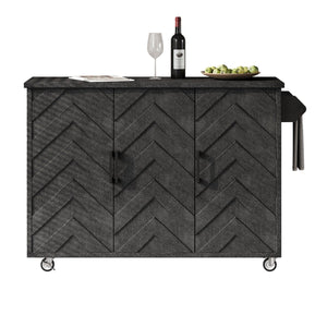 English Elm K&K Farmhouse Kitchen Island with 3D Wave Stripes Ash Veneer, Drop Leaf, Rolling Cart Storage Black N707P207915B