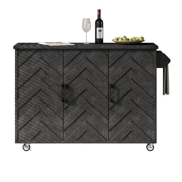 English Elm K&K Farmhouse Kitchen Island with 3D Wave Stripes Ash Veneer, Drop Leaf, Rolling Cart Storage Black N707P207915B