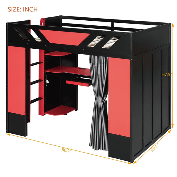 English Elm Full Size Loft Bed with Desk Blackout Curtains Rgb Lighting and Integrated Storage Black+Red LT000377AAJ