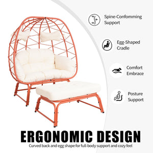 English Elm Double Egg Chair Wicker Outdoor Lounge Set with Ottoman and Weather Resistant Cushions T5880P501489