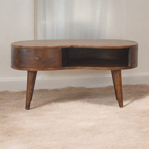 English Elm Chestnut Wave Coffee Table With Nordic Legs - Stylish 1-Drawer & Open Storage For Modern Living B182P166539