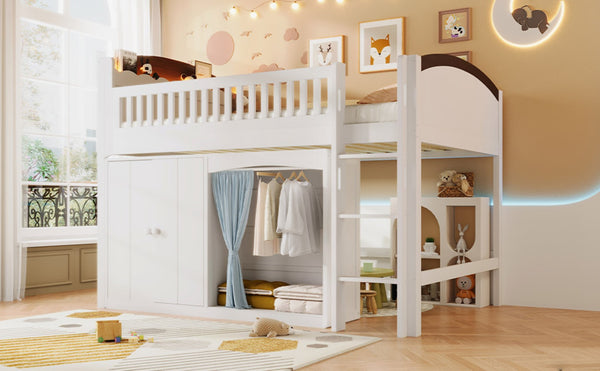 English Elm Twin Loft Bed with Wardrobe Cabinet Led Lighting and Pine Frame for Kids Rooms White N7090002235K