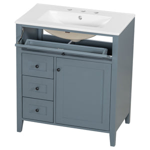 English Elm 30-Inch Contemporary Bathroom Vanity with Sink, MDF & Rubberwood, Glossy Finish, 3 Drawers + Cabinet Blue Gray N725P350819E