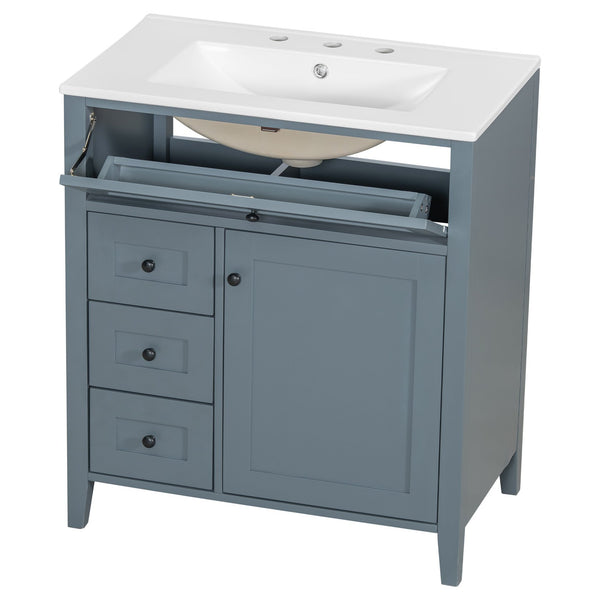English Elm 30-Inch Contemporary Bathroom Vanity with Sink, MDF & Rubberwood, Glossy Finish, 3 Drawers + Cabinet Blue Gray N725P350819E