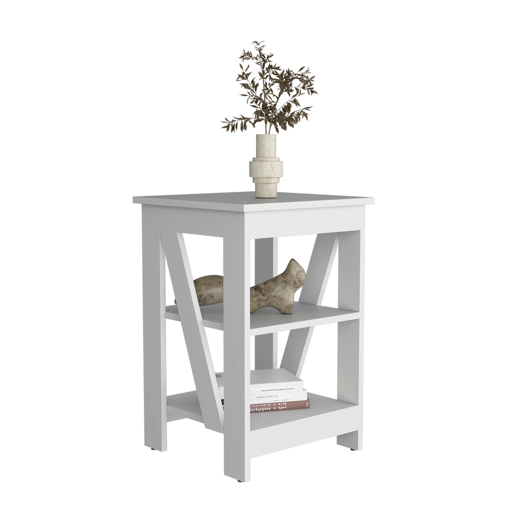 English Elm 3-Tier Engineered Wood End Table with Cross-Brace Legs, Compact Nightstand with Ample Shelving Space White 34.6 L x 20.8 W x 3.14 H B097P199749