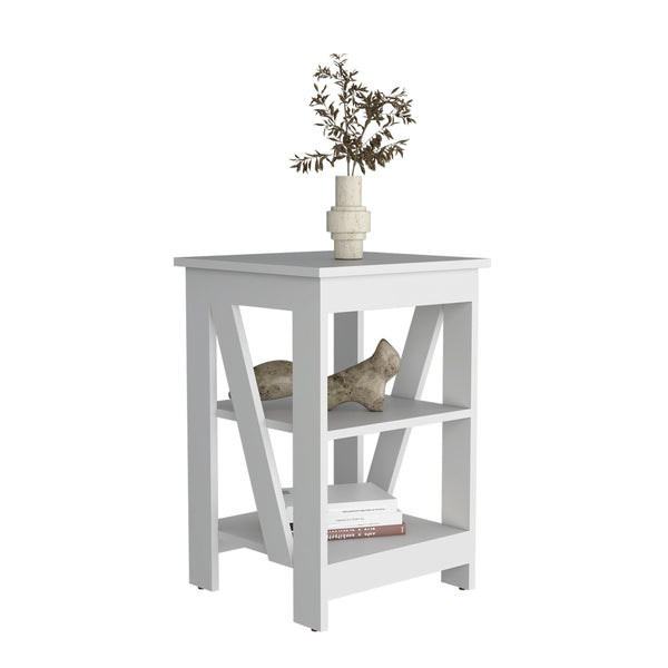 English Elm 3-Tier Engineered Wood End Table with Cross-Brace Legs, Compact Nightstand with Ample Shelving Space White 34.6 L x 20.8 W x 3.14 H B097P199749
