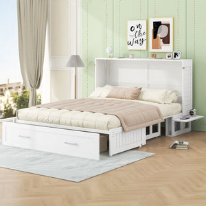 English Elm Queen Mobile Murphy Bed with Drawers & Side Shelves, White Fold-Up Queen Wall Bed for Guests SM000317AAK