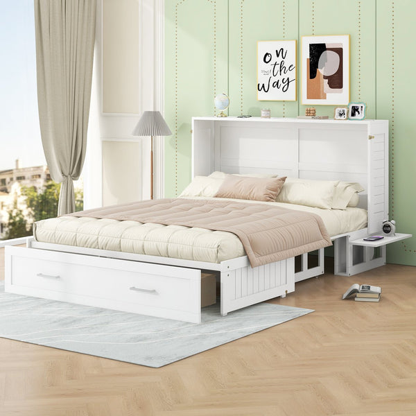 English Elm Queen Mobile Murphy Bed with Drawers & Side Shelves, White Fold-Up Queen Wall Bed for Guests SM000317AAK