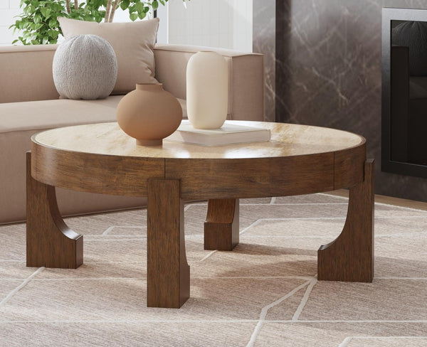 Basset Mirror Canyon Cocktail Table - Rustic Modern Elegance With Unique Travertine Top And Wire-brushed Finish Brown Wood,Stone 2526-lr-120